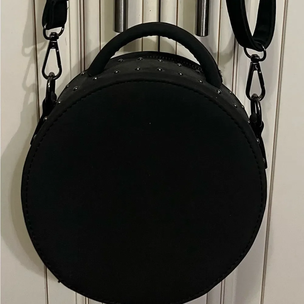 Engraved Studded round crossbody black bucket bag